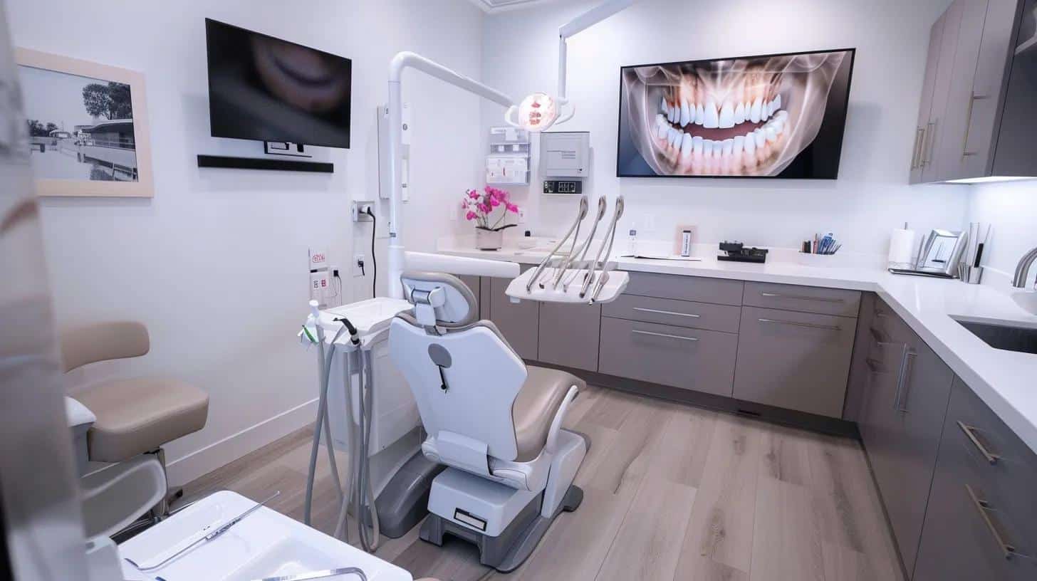a modern dental clinic in lake worth, featuring a state-of-the-art consultation room with a sleek dental chair, high-tech imaging equipment, and a display of dental implant options, all illuminated by bright, clinical lighting that emphasizes a professional and welcoming atmosphere.