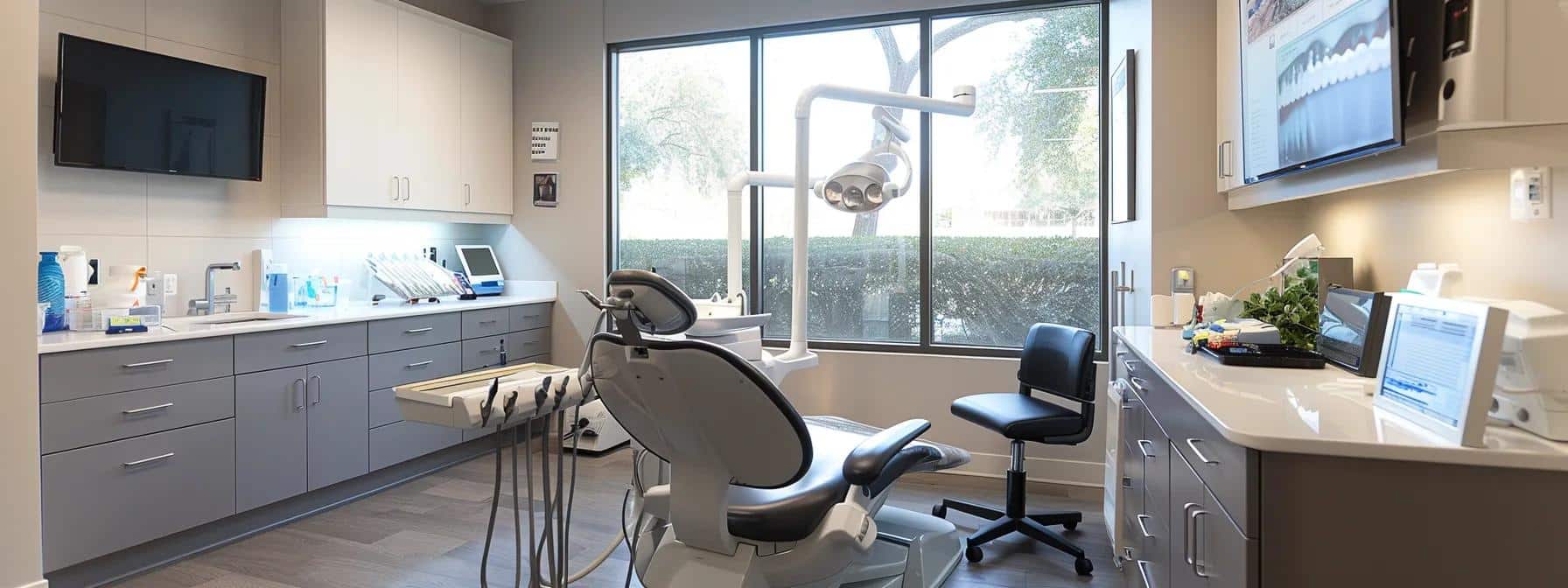 a modern dental clinic in denton showcases a sleek, well-equipped treatment room, emphasizing advanced technology with a focus on affordability for dentures and dental implants, illuminated by soft, professional lighting that highlights the inviting atmosphere.