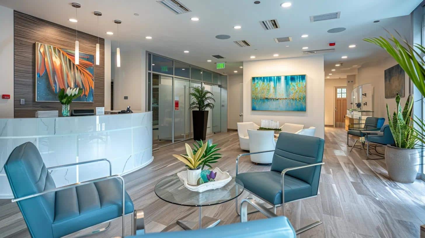 a modern dental clinic in lake worth features a sleek, high-tech consultation area, with a patient confidently discussing their detailed treatment plan with a professional, encapsulating the transformative journey of dental implants.