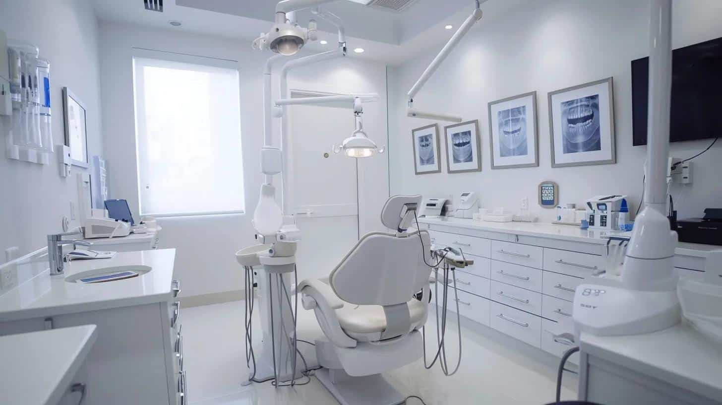 a modern dental clinic in lake worth, showcasing a sleek treatment room equipped with state-of-the-art technology, where a patient consultation is taking place with a professional dentist in crisp white coats, emphasizing a warm and reassuring atmosphere.