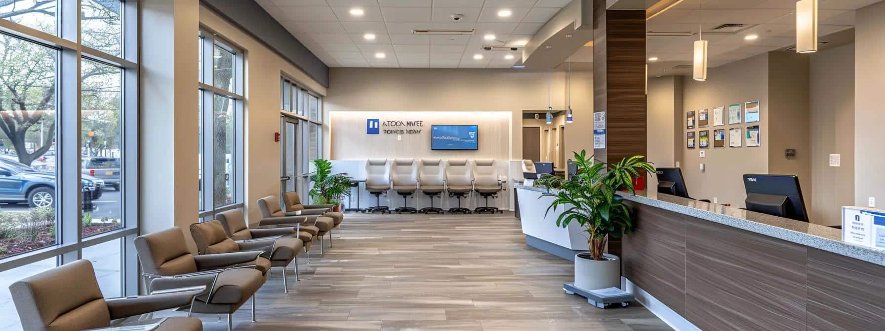 a modern dental clinic in denton, featuring a clean, inviting reception area with patient-friendly furnishings and educational materials displayed prominently, emphasizing accessibility and personalized dental care solutions.