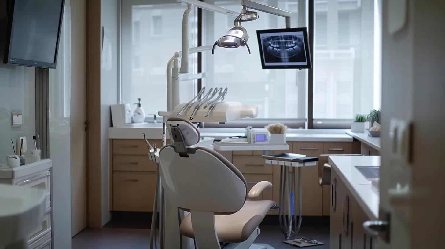 a modern dental clinic interior with sleek, high-tech equipment and a patient consulting with a professional, emphasizing the personalized care and advanced technology behind dental implants.