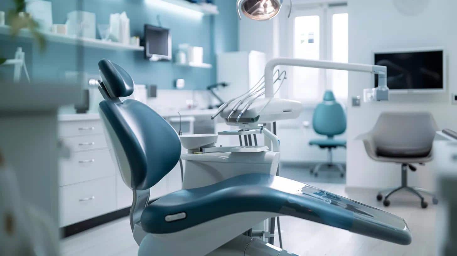 a modern dental clinic interior showcases a confident patient smiling brightly after receiving a state-of-the-art titanium dental implant, surrounded by sleek equipment and a warm, welcoming atmosphere.