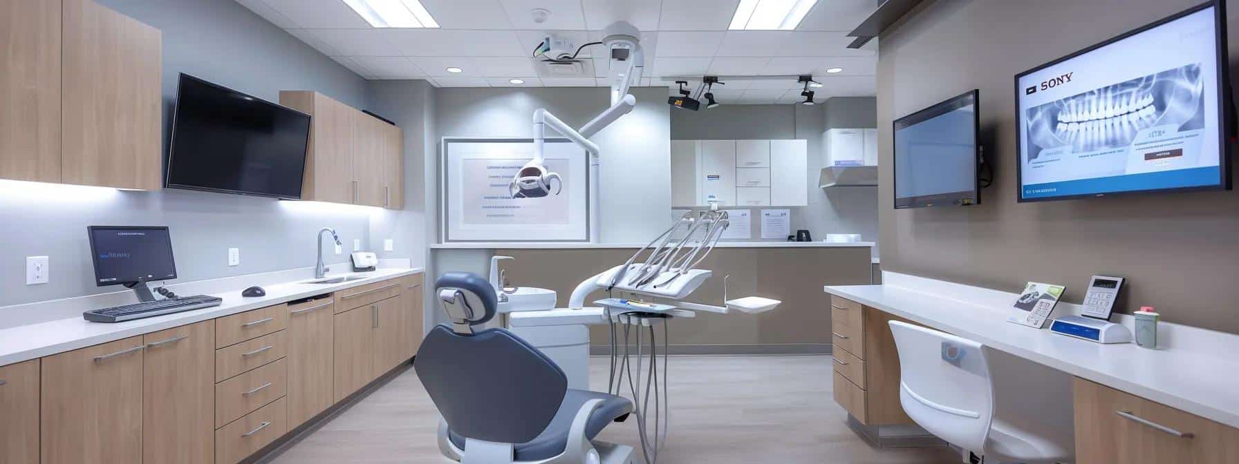 a modern dental clinic interior showcases a sleek consultation room with a dentist discussing dental implant alternatives, such as dentures and bridges, with a patient, emphasizing informative brochures and digital displays highlighting cost comparisons in a polished, professional setting.