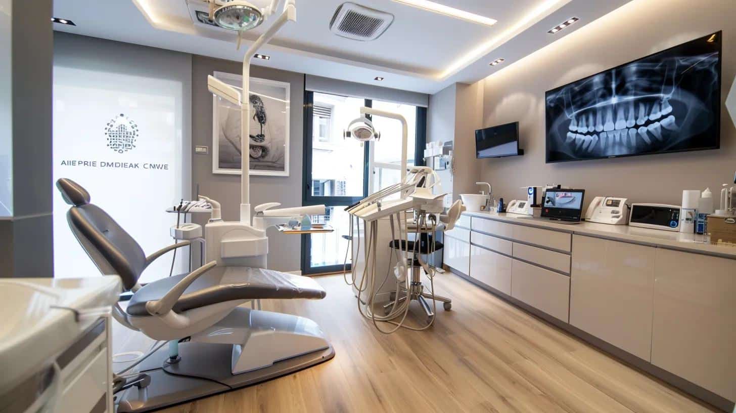 a modern dental clinic interior showcases a state-of-the-art treatment chair surrounded by sleek equipment and informative dental diagrams on the walls, emphasizing the advanced technology and lasting benefits of dental implants.