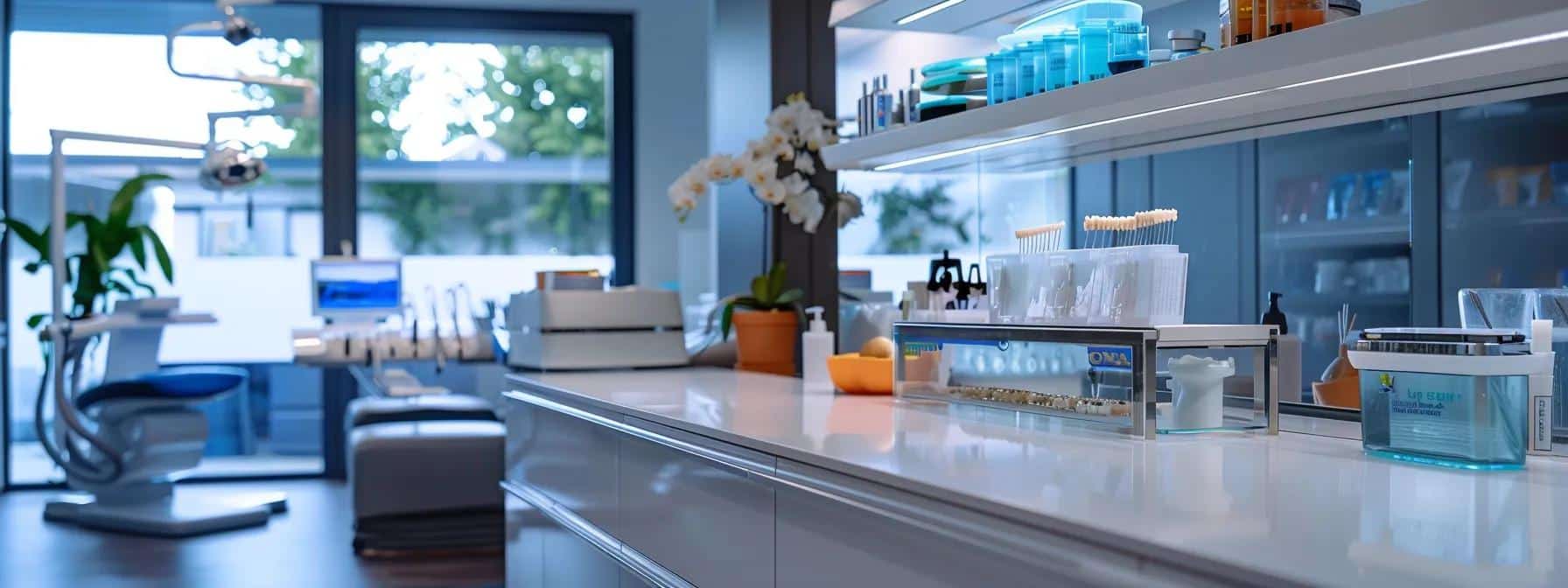 a modern dental clinic interior showcases an array of sleek, innovative implant retained dentures displayed prominently on a polished countertop, emphasizing their design and functionality in enhancing patient confidence and oral health.