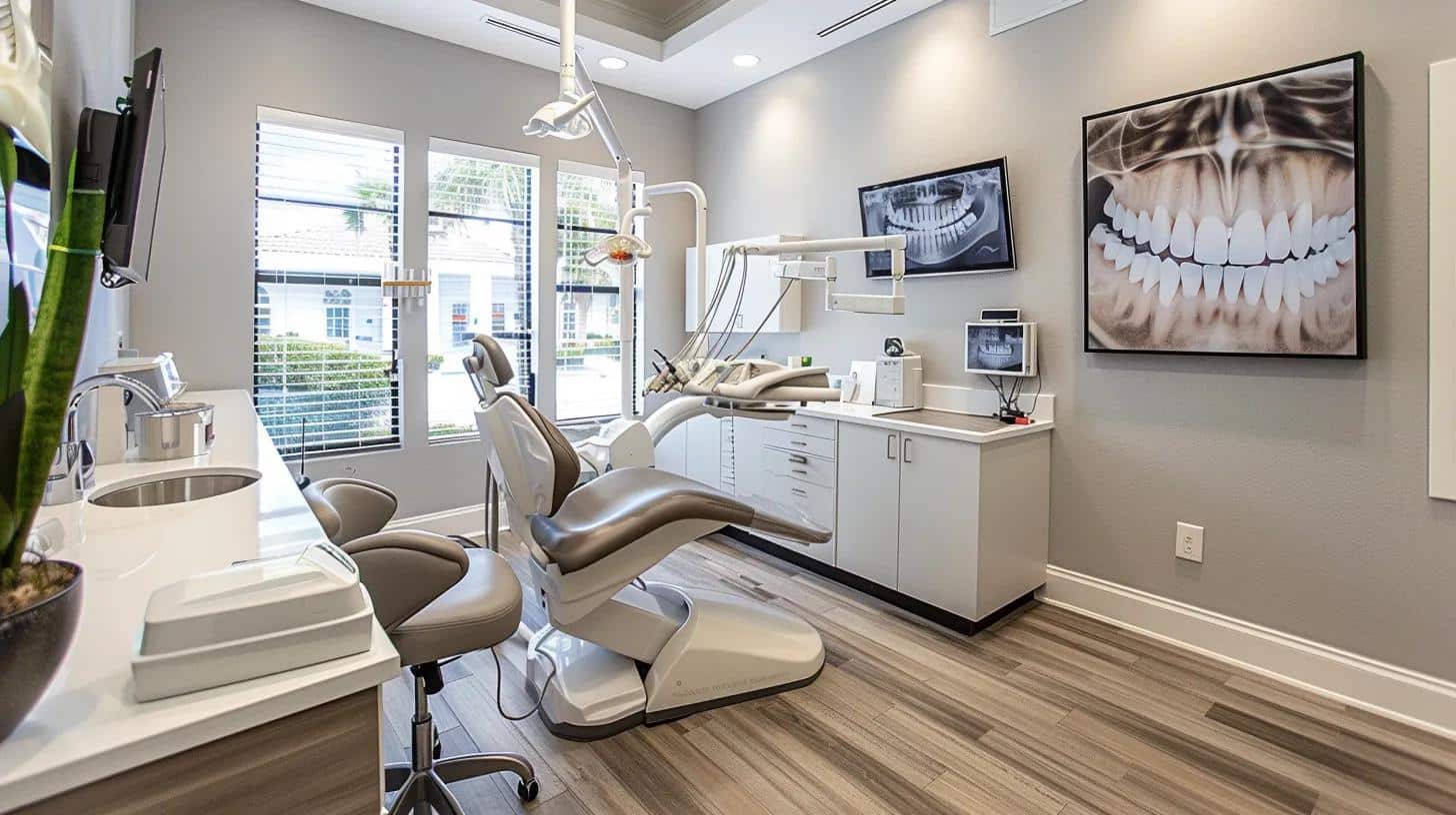 a modern dental clinic interior showcases a sleek consultation area with advanced imaging equipment, where a patient discusses their dental implant options with a professional dentist, highlighting the cutting-edge technology and personalized care at the lake worth practice.