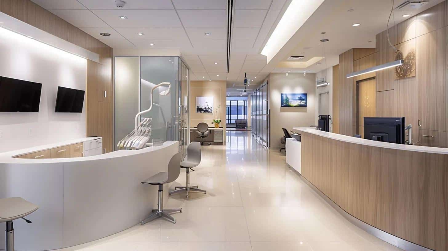 a modern dental clinic interior showcases a sleek treatment area, featuring advanced implantology equipment and a welcoming ambiance, emphasizing patient comfort and high-quality dental care.