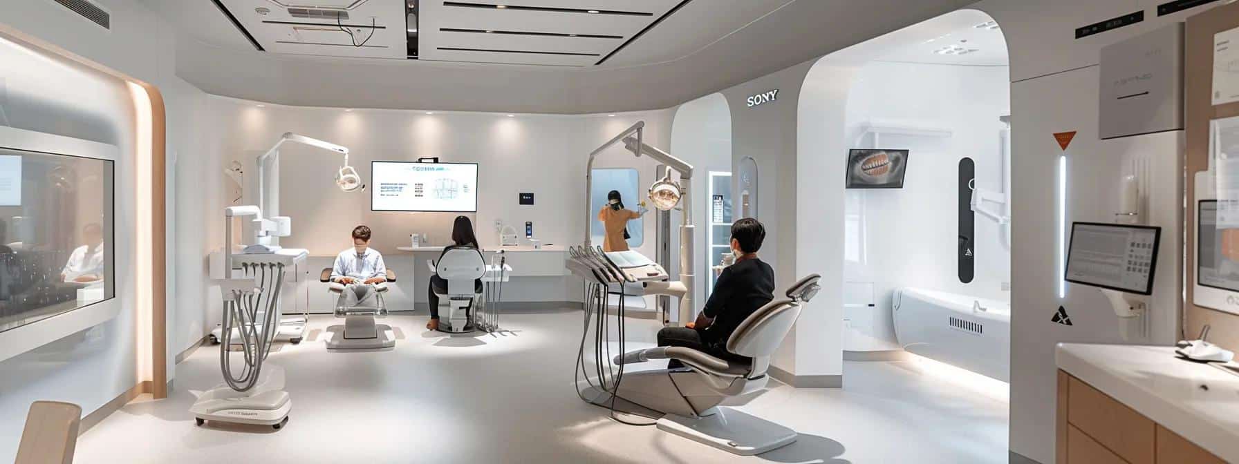 a modern dental clinic interior showcases a patient seated comfortably in a state-of-the-art consultation room, surrounded by advanced imaging technology and dental tools, emphasizing the thoroughness and care in the dental implant journey.