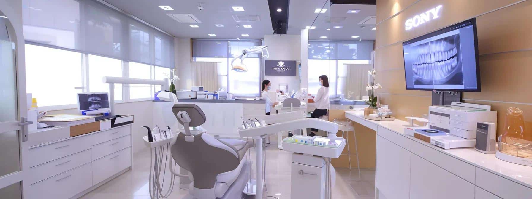 a modern dental clinic interior showcases a patient consulting with a friendly dentist, surrounded by sleek dental equipment and informative displays about affordable dentures and implants.