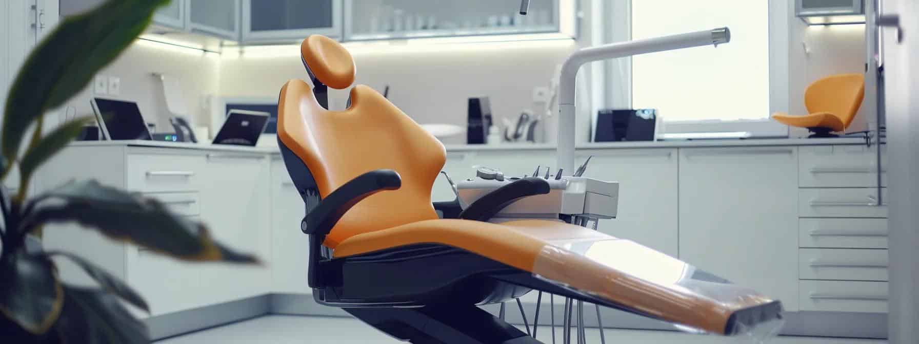 a modern dental clinic interior showcases a patient in a comfortable dental chair, engaged in a consultation with a dentist, illustrating the advanced technology and personalized care involved in the dental implant process.