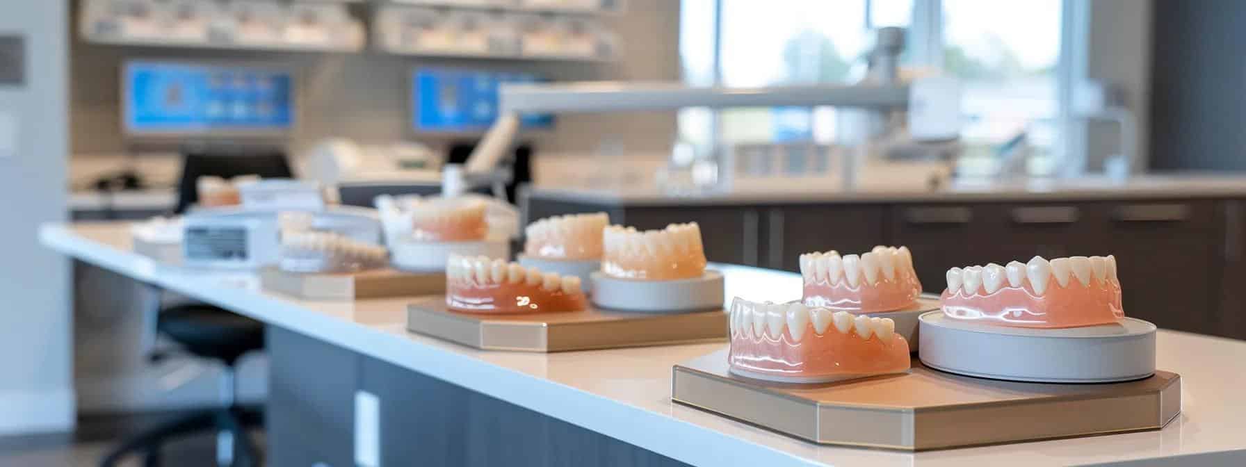a modern dental clinic interior showcases a variety of sleek denture samples displayed on a clean, minimalist countertop, with a backdrop of sophisticated equipment, emphasizing the personalized denture solutions available to denton residents.