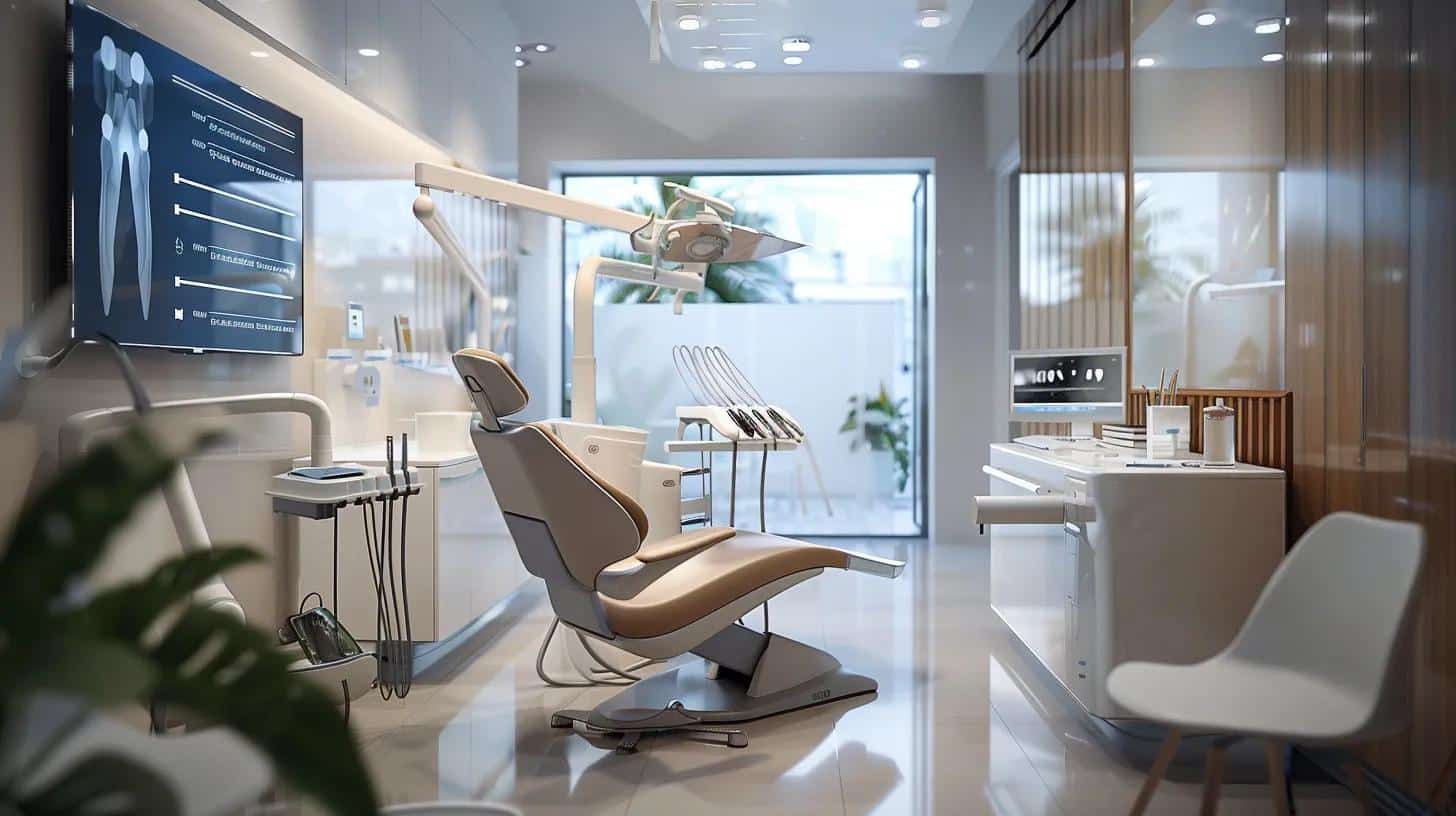 a modern dental clinic interior featuring a sleek, high-tech consultation area with a digital screen displaying a detailed comparison of various dental implant options, emphasizing the benefits and features to educate patients.