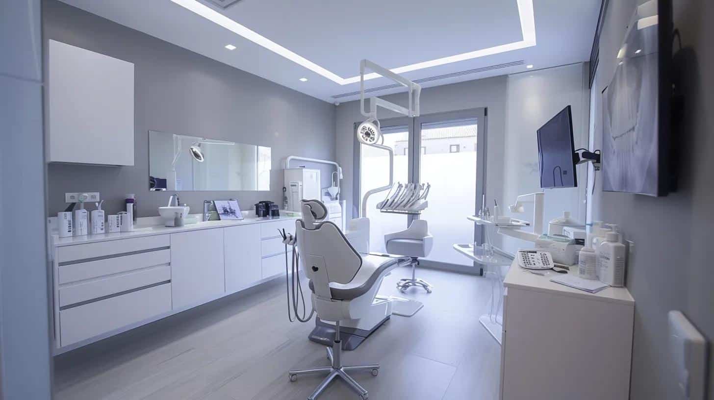 a modern dental clinic interior showcases a confident patient discussing treatment options with a dentist, surrounded by advanced dental equipment and informative visuals about tooth implants.