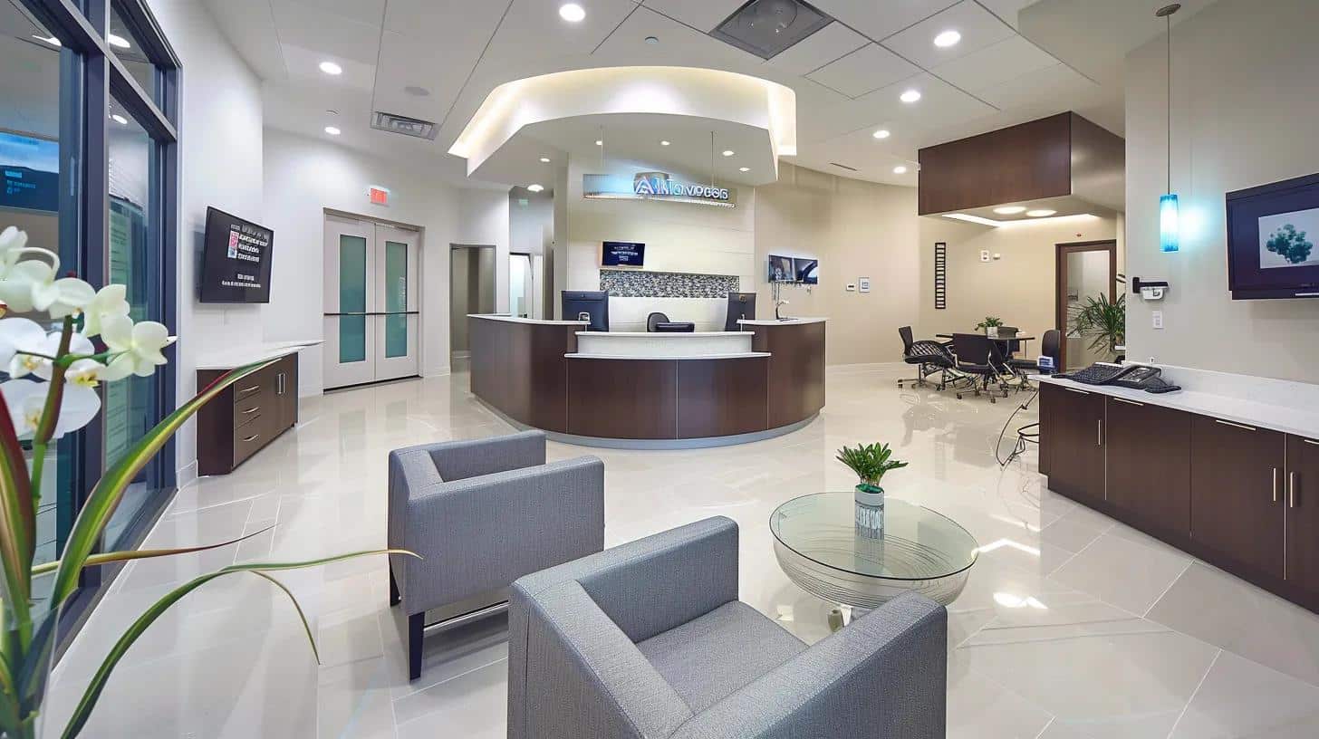 a modern dental clinic reception area in lake worth, featuring sleek dental equipment and an inviting ambiance, emphasizing the professionalism and care associated with dental implants.