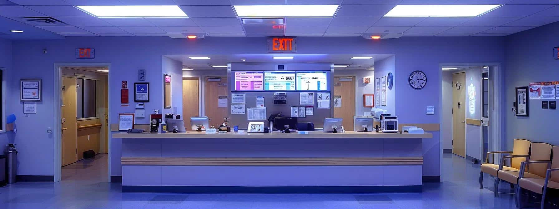 a modern dental clinic reception area, featuring a sleek front desk with a digital display of emergency procedure costs, illuminated by bright overhead lighting, conveying a sense of urgency and professionalism.