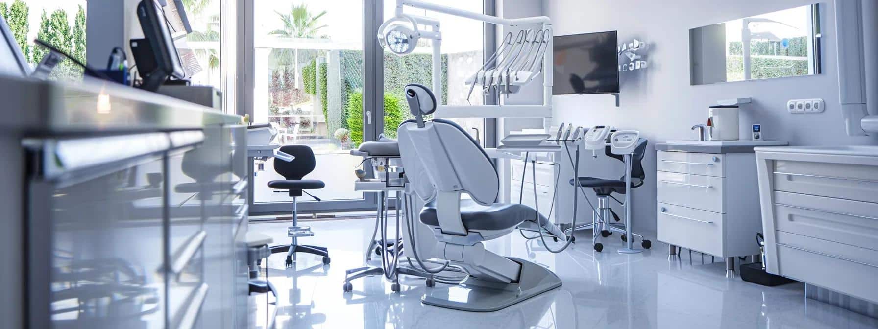 a modern dental clinic setting showcases a confident patient smiling broadly after an all-on-4 dental implant procedure, with sleek, high-tech equipment and a clean, sterile environment emphasizing advanced dental care.