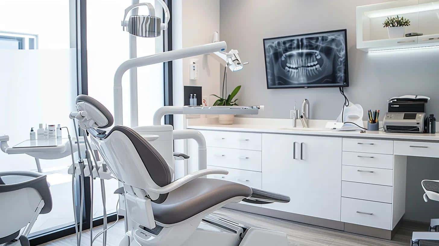 a modern dental clinic setting showcases a patient confidently smiling with a natural-looking dental implant while a skilled dentist discusses its benefits, illuminated by soft, ambient lighting and sleek, contemporary equipment in the backdrop.