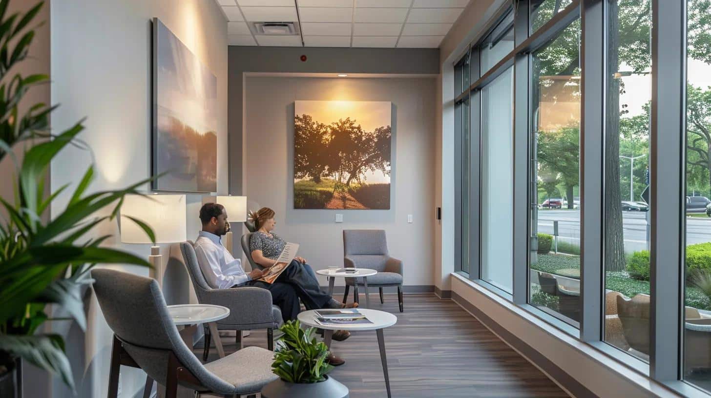 a modern dental clinic waiting room features a patient comfortably seated in a sleek, ergonomic chair, surrounded by calming decor while examining informative brochures about dental implant recovery, all illuminated by soft, warm lighting.