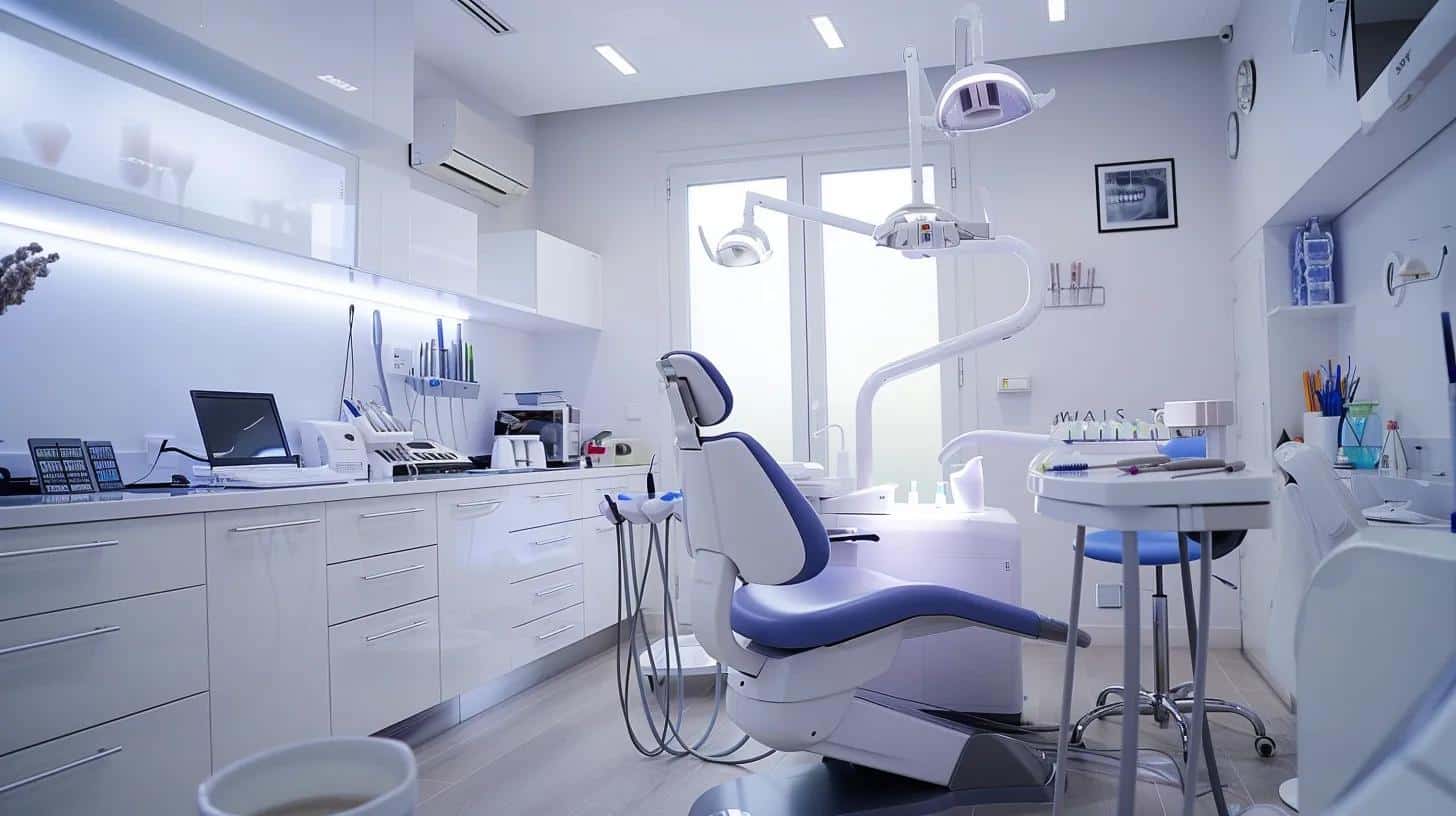 a modern dental clinic with sleek, high-tech equipment showcasing a confident patient receiving dental implants, illuminated by bright, sterile overhead lighting that emphasizes the innovative approach to oral health.