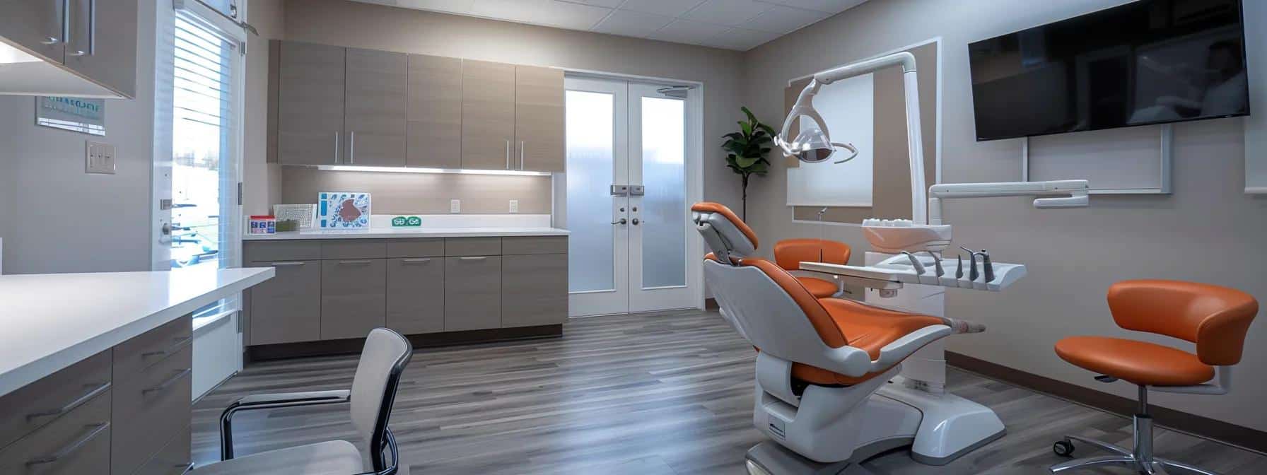 a modern dental consultation room in denton, featuring a knowledgeable dentist discussing tooth replacement options with a patient, showcasing detailed dental models of dentures and implants on a sleek table under bright, clinical lighting.