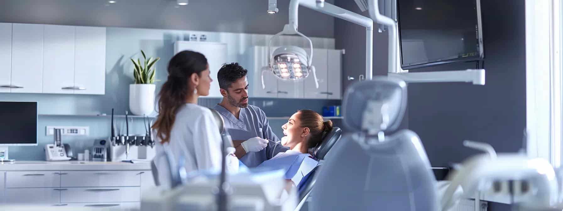 a modern dental office featuring a confident dentist discussing denture and implant options with a patient, illuminated by bright, clinical lighting, emphasizing professionalism and care.