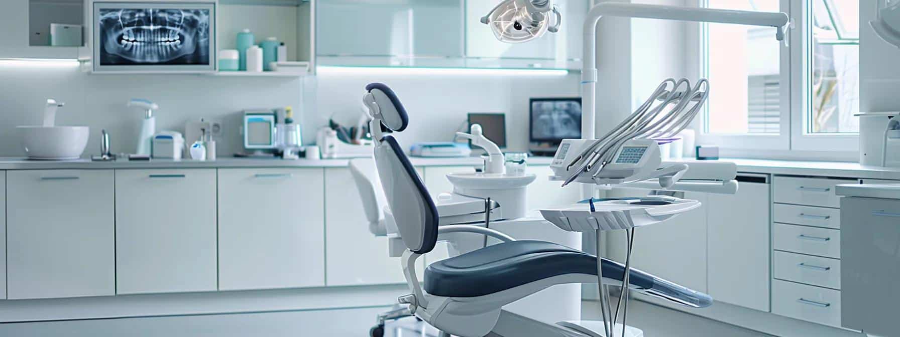 a modern dental office features a sleek, high-tech dental chair surrounded by advanced equipment, with a focused dentist carefully examining a detailed set of intricately crafted dentures, highlighting the complexity and personalization involved in dental prosthetics.
