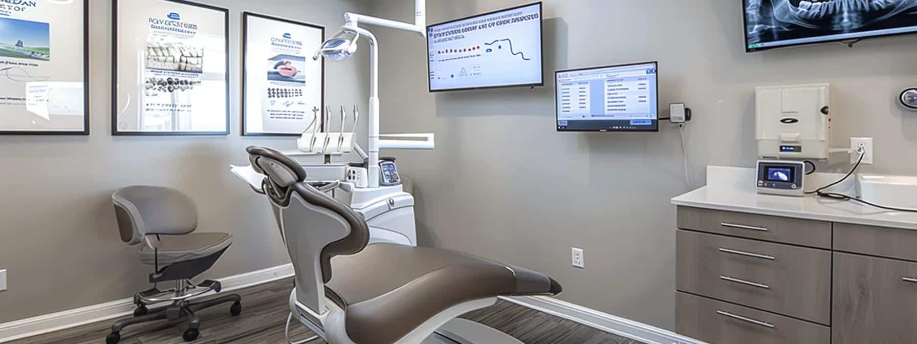a modern dental office featuring a sleek consultation room with a digital display showing a comparison chart of dental implants and dentures, highlighting cost considerations in a visually engaging and informative manner.