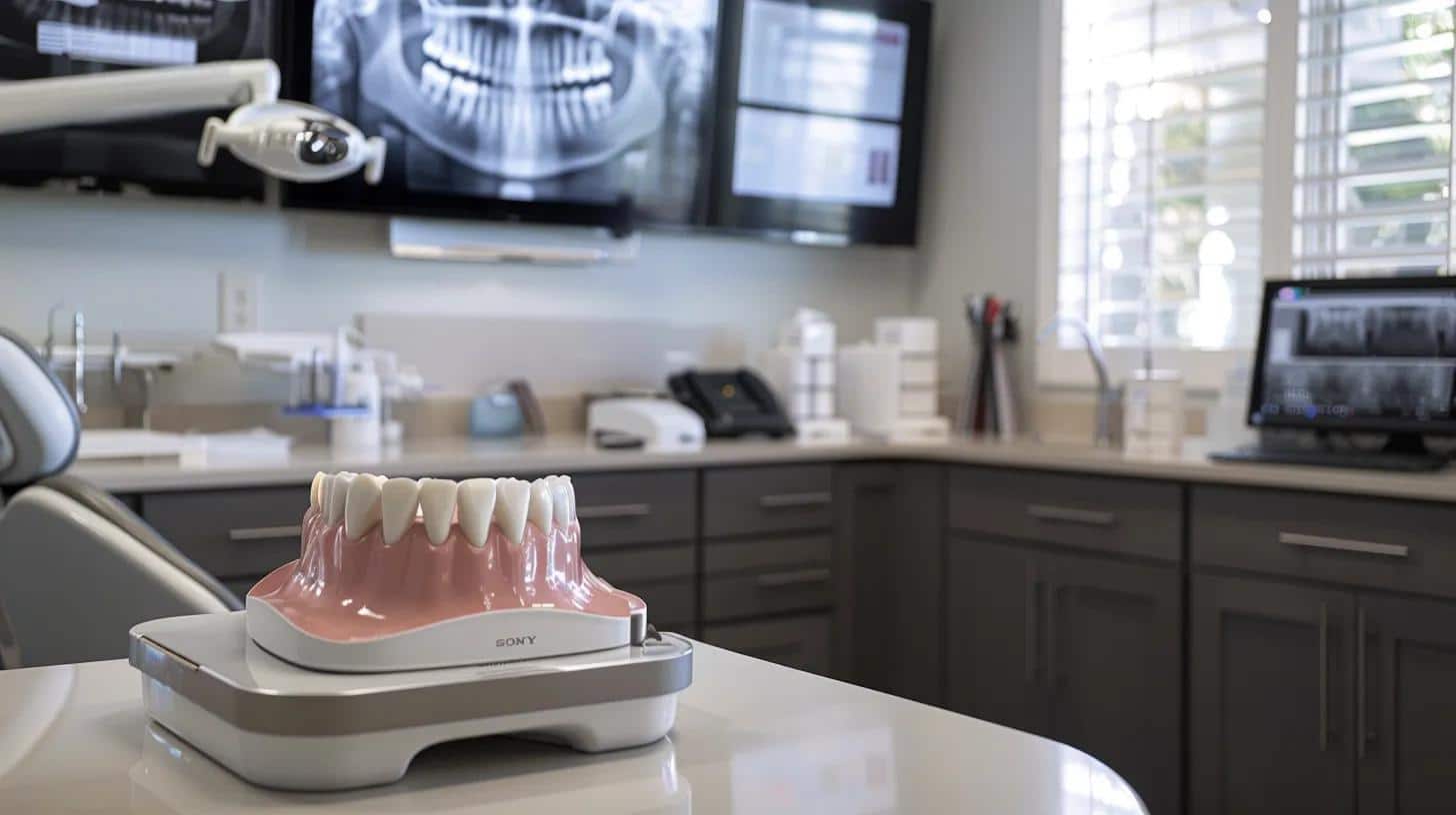 a modern dental office in lake worth, showcasing a sleek dental chair and advanced imaging technology, with a focus on a realistic dental implant model prominently displayed on the counter, emphasizing the importance of implants in restorative treatment.