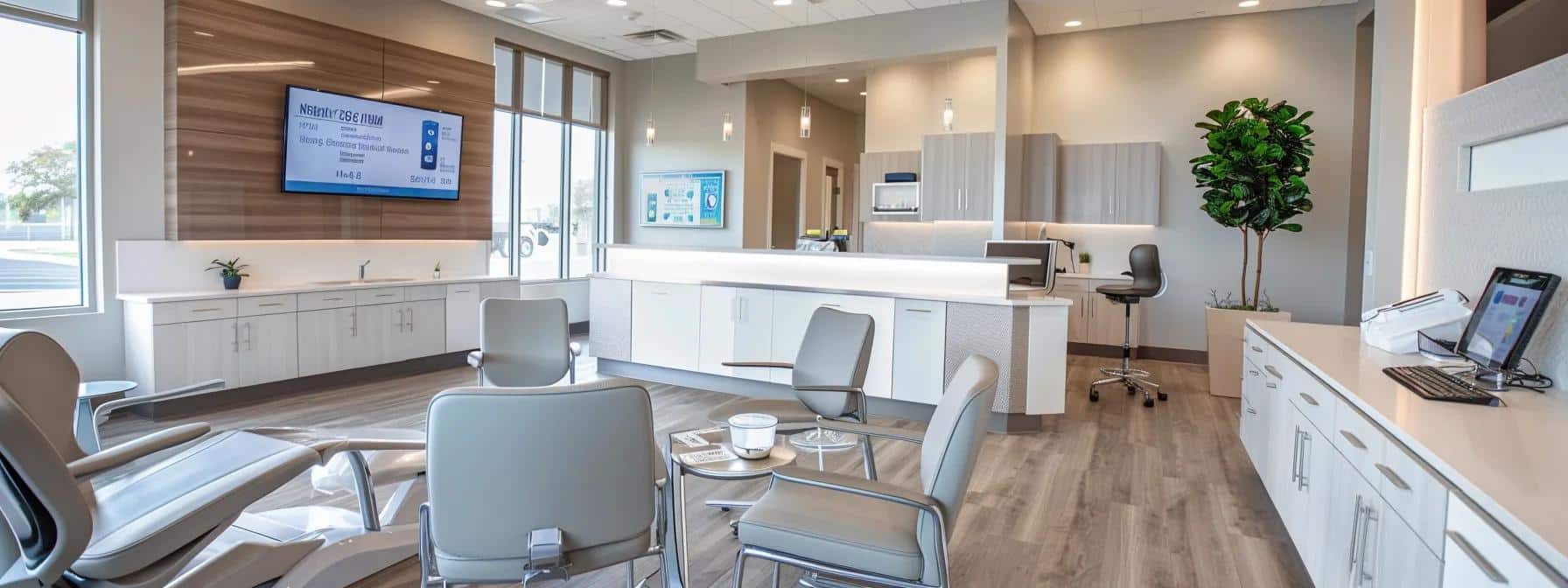 a modern dental office in denton featuring a sleek consultation area with comfortable seating, where a dental professional discusses innovative financing options with a patient, surrounded by brochures and visual aids that highlight accessible dental implant solutions.