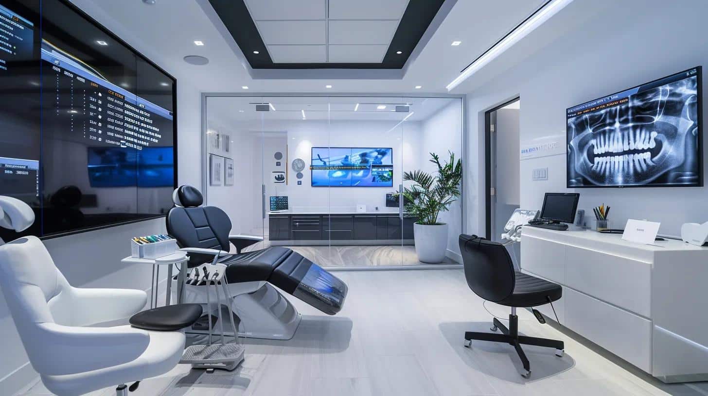 a modern dental office in lake worth, featuring a sleek consultation area with a polished financial chart displayed on a digital screen, conveying the long-term value and investment potential of dental implants.