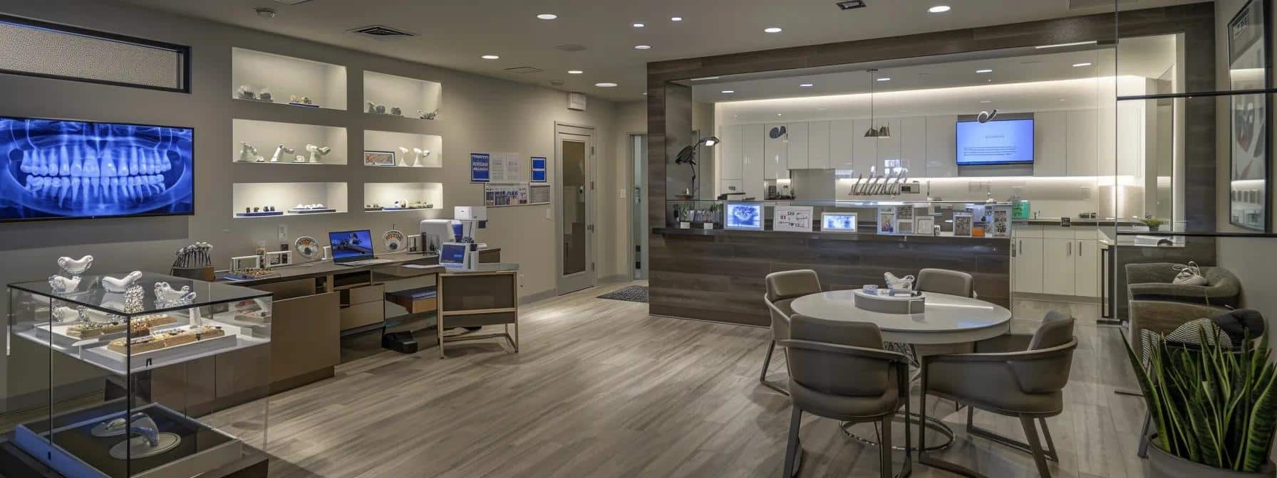 a modern dental office in denton, showcasing an elegant consultation room with dental models on display, highlighting the transparency and professionalism of personalized denture and implant options, illuminated by soft, focused lighting.