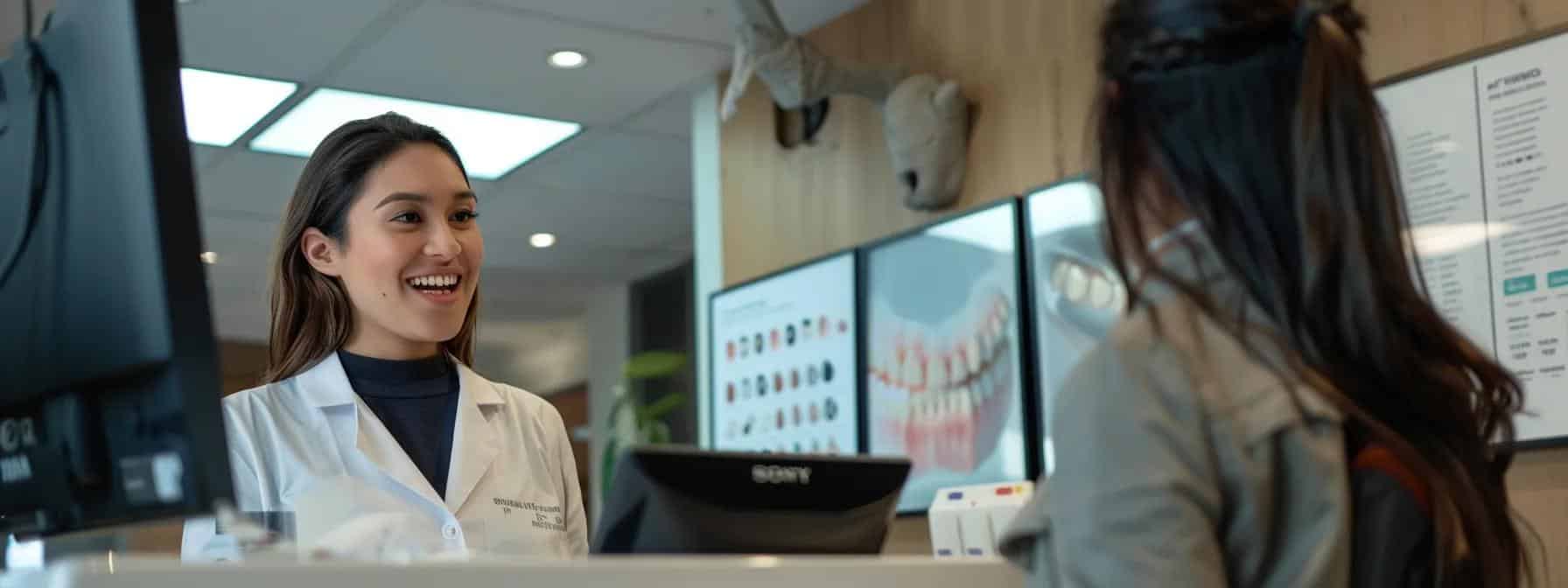 a modern dental office interior showcases a dental professional consulting with a patient at a sleek reception desk, surrounded by transparent pricing charts and emergency treatment posters, emphasizing the importance of transparent cost comparison for emergency dental visits in cleburne.