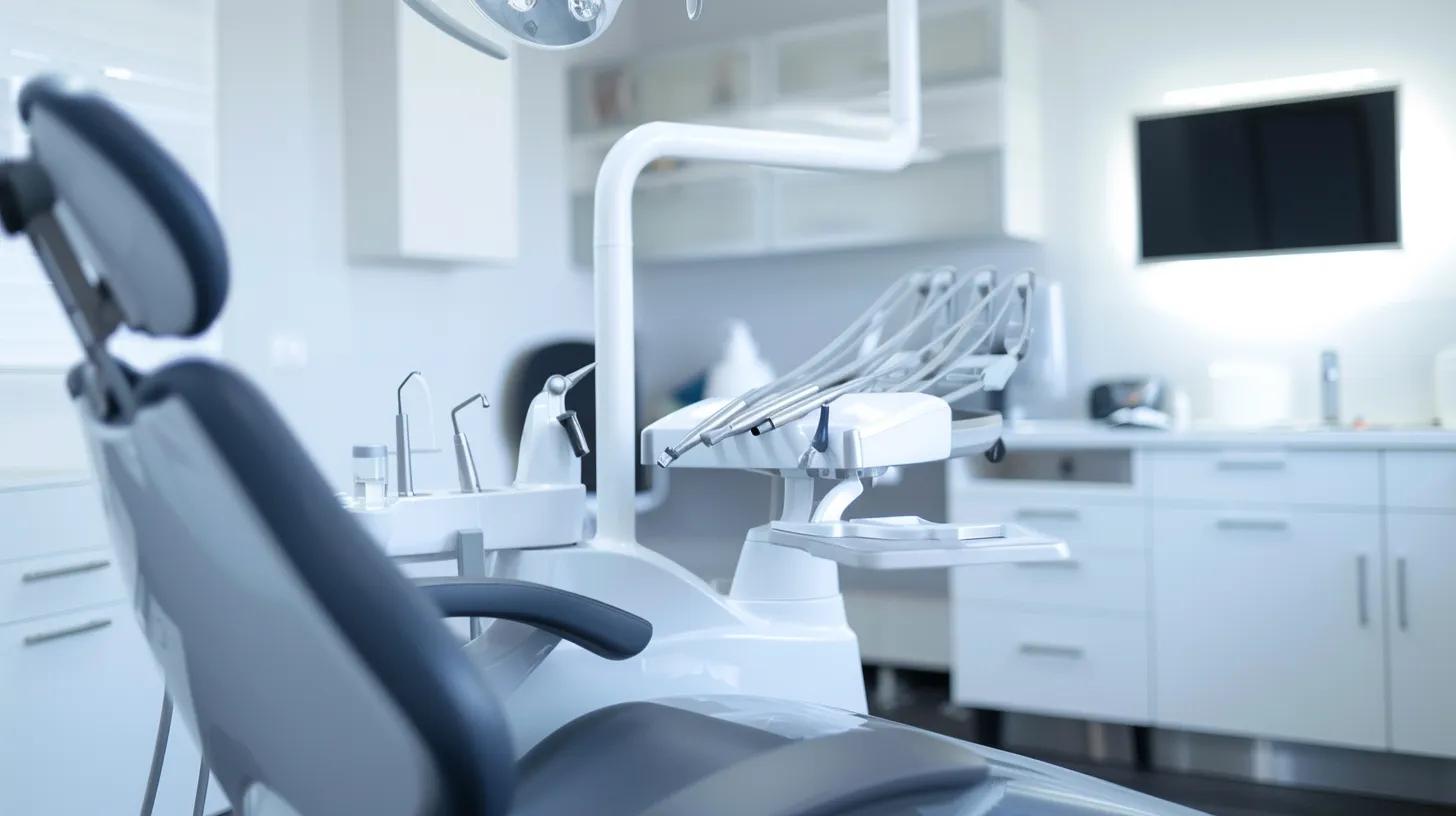 a modern dental office is illuminated by bright professional lighting, with a pristine dental chair set against a backdrop of gleaming, state-of-the-art equipment, emphasizing the importance of maintaining dental implants for long-term success.