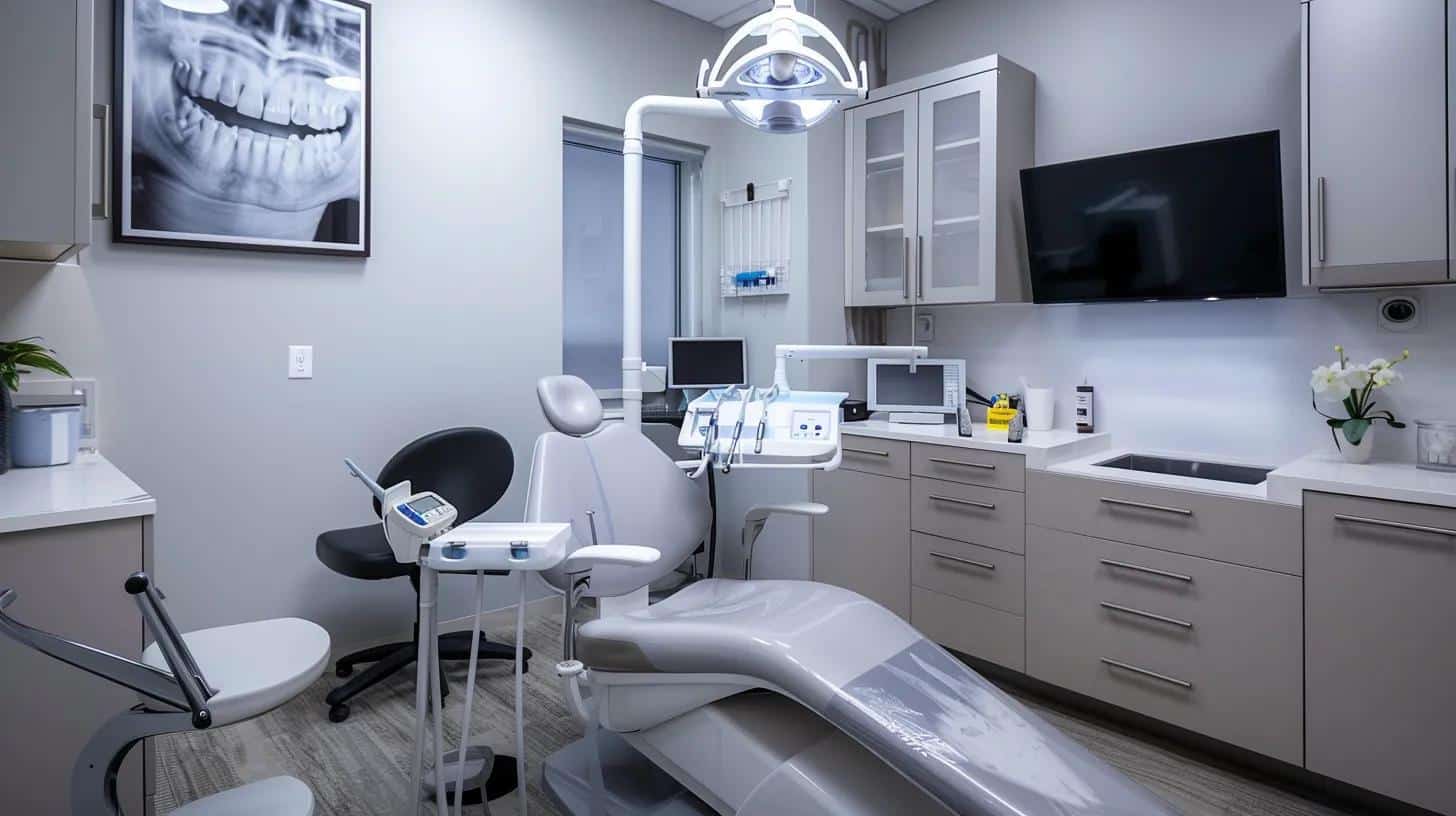 a modern dental office is depicted, showcasing a sleek treatment room with advanced dental equipment and a patient comfortably reclined, emphasizing the precision and care involved in the dental implant process.