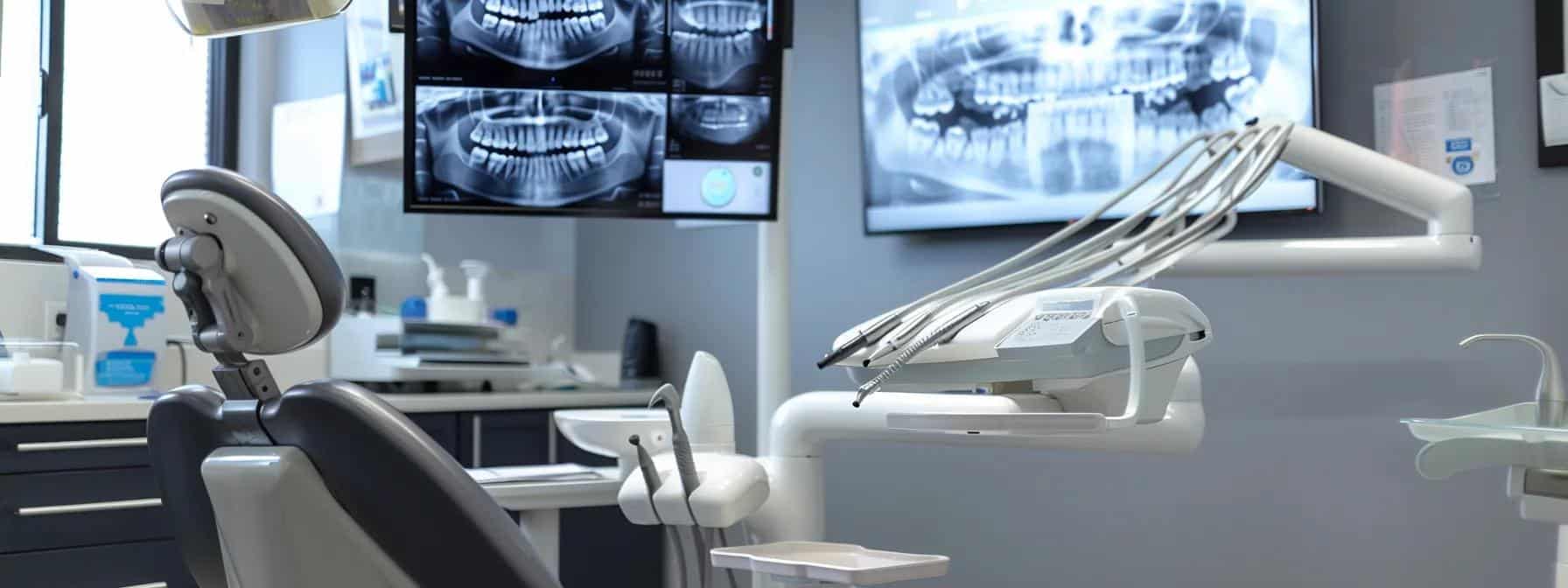 a modern dental office setting features a confident patient reclining in a sleek dental chair, surrounded by advanced imaging and diagnostic equipment, while a knowledgeable dentist explains the dental implant healing timeline using clear visuals on a digital screen.