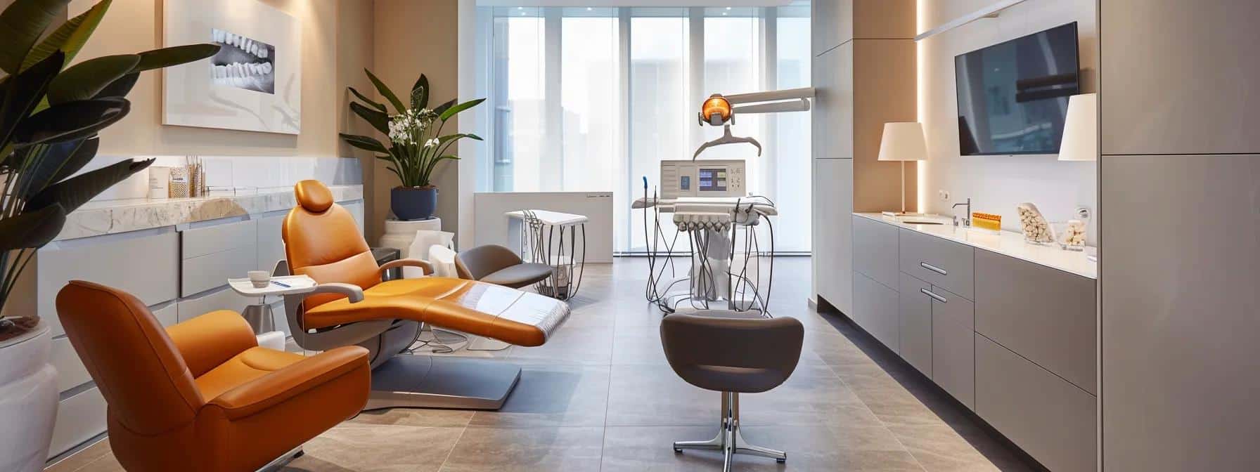 a modern dental office showcases a confident patient smiling broadly, revealing impeccably crafted dental implants that seamlessly blend with their natural teeth under bright, clinical lighting.