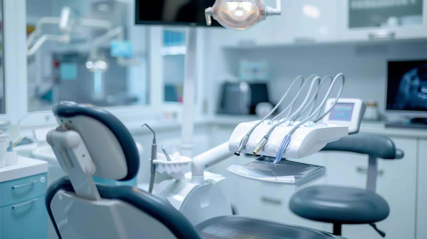 a modern dental office showcasing a skilled dentist expertly performing the dental implant placement process, with advanced technology prominently displayed and a sterile, professional atmosphere.