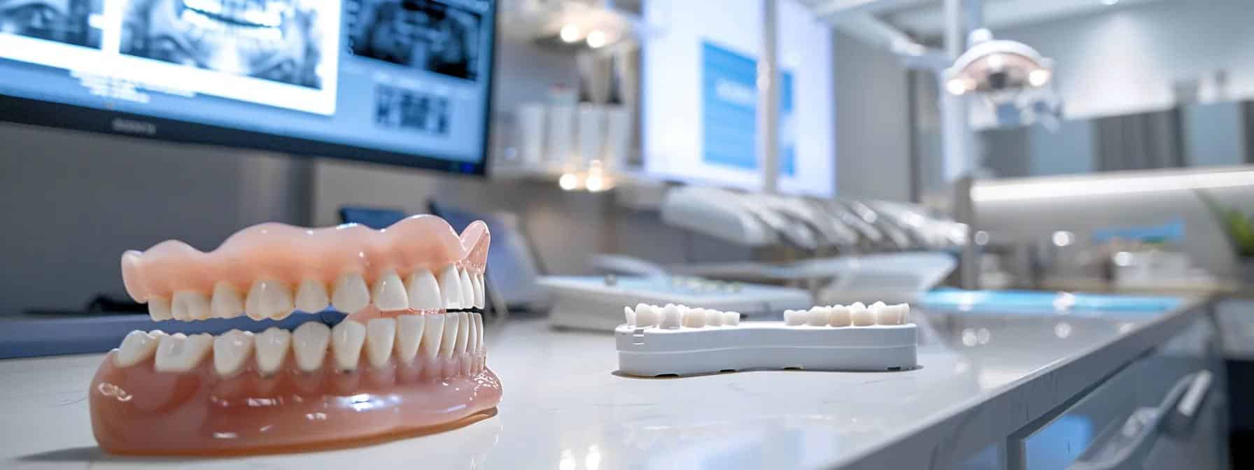 a modern dental office showcases a side-by-side comparison of realistic dentures and sleek dental implants, illuminated by bright, clinical lighting to highlight their distinct features and benefits.