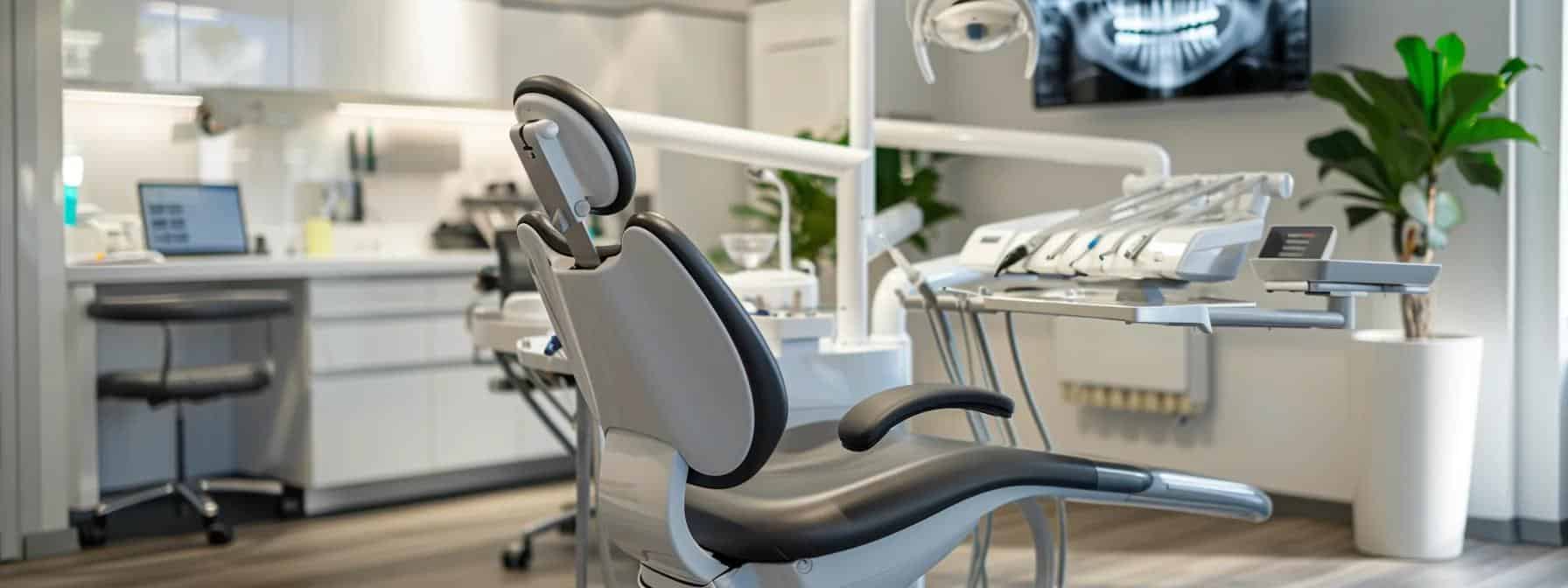 a modern dental office showcases a patient seated in a sleek, ergonomic chair, attentively discussing treatment options with a dentist while displaying high-tech dental imaging equipment in the background, emphasizing the importance of personalized care in selecting between dentures and implants.
