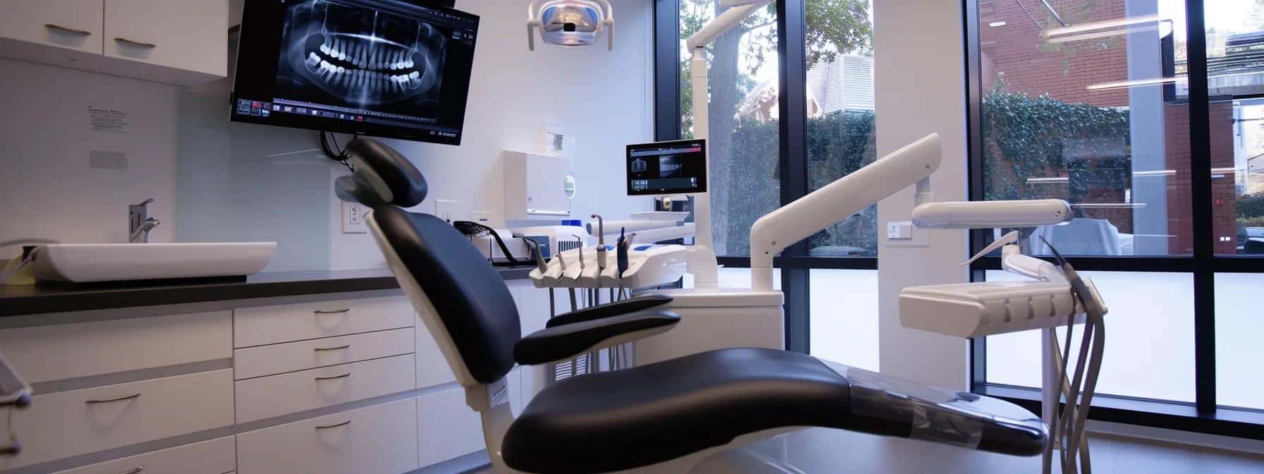 a modern dental office with a sleek, inviting design, featuring a dental chair and advanced imaging technology, where a satisfied patient consults with a friendly dentist about choosing between dentures and implants, illuminated by bright, focused lighting that highlights the professionalism of the space.
