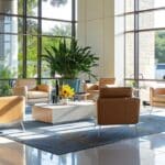 a modern, well-lit dental office reception area in cleburne, texas, featuring a welcoming atmosphere with sleek furniture and a prominently displayed sign emphasizing affordable emergency dental services.