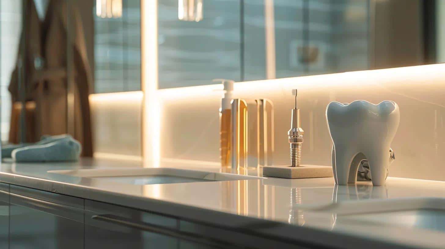 a polished dental clinic interior showcases a gleaming dental implant model on a sleek countertop, illuminated by bright, clinical lighting that emphasizes its precision and care.
