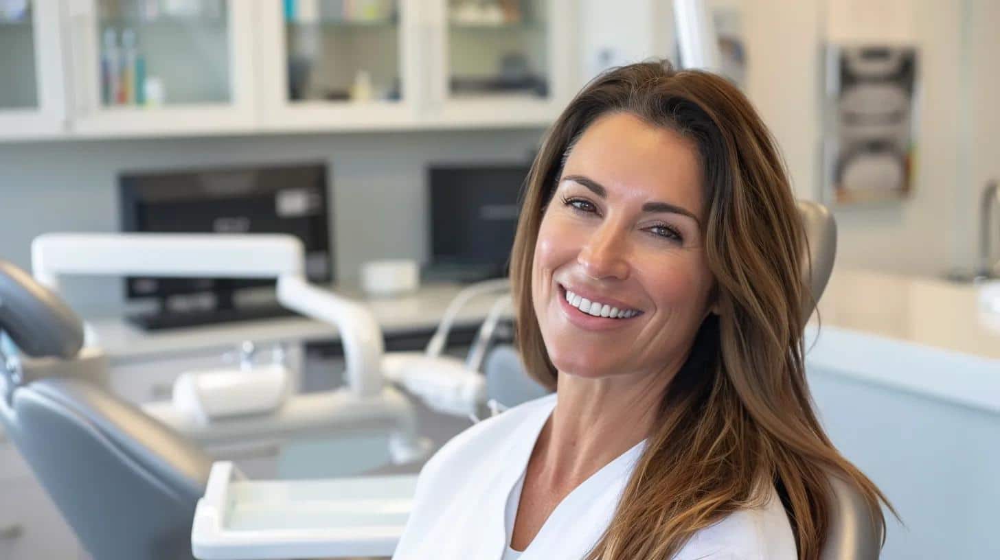 a polished dental clinic interior showcases a confident patient smiling brightly in front of a modern dental implant display, emphasizing the importance of maintenance for lifelong performance.