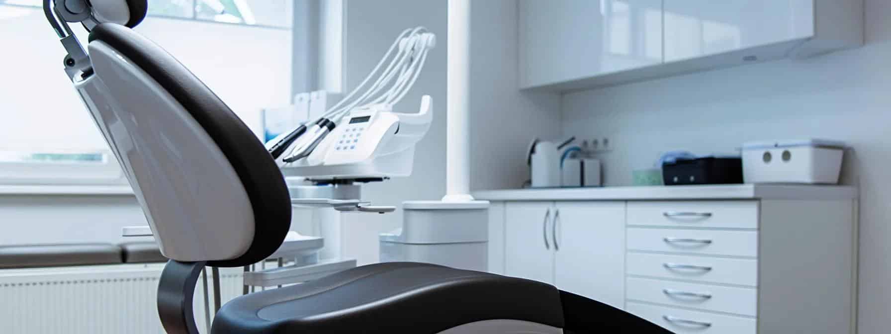 a polished dental clinic interior showcases a close-up of a patient's mouth with a dental implant in place, accentuated by sophisticated lighting and a modern dental chair in the background, emphasizing the technology and care involved in enhancing dental aesthetics.