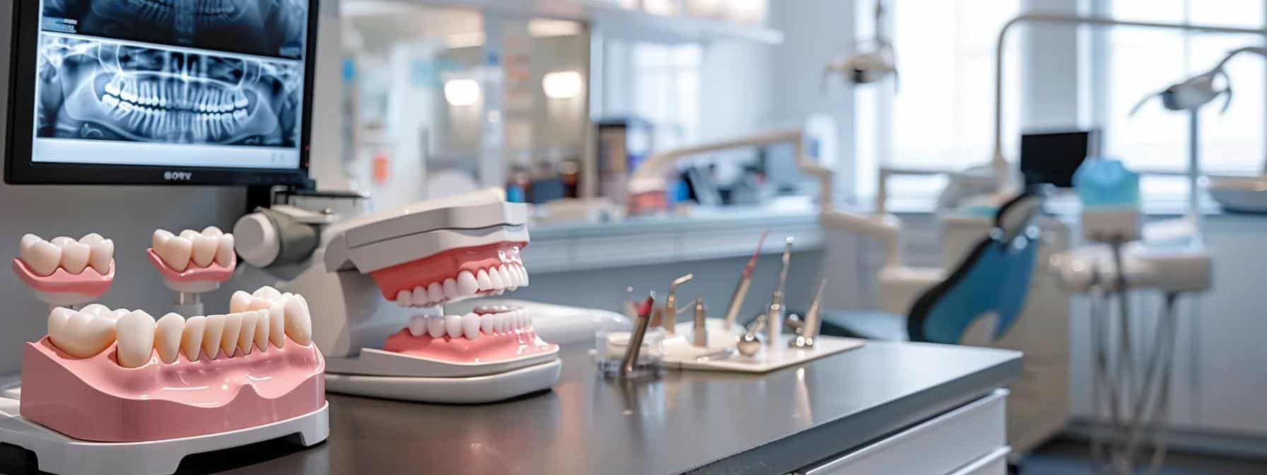 a polished dental office with modern equipment showcases a radiant smile on a patient confidently examining a set of realistic dentures displayed on a sleek countertop, emphasizing the transformative power of dental prosthetics in restoring smiles.