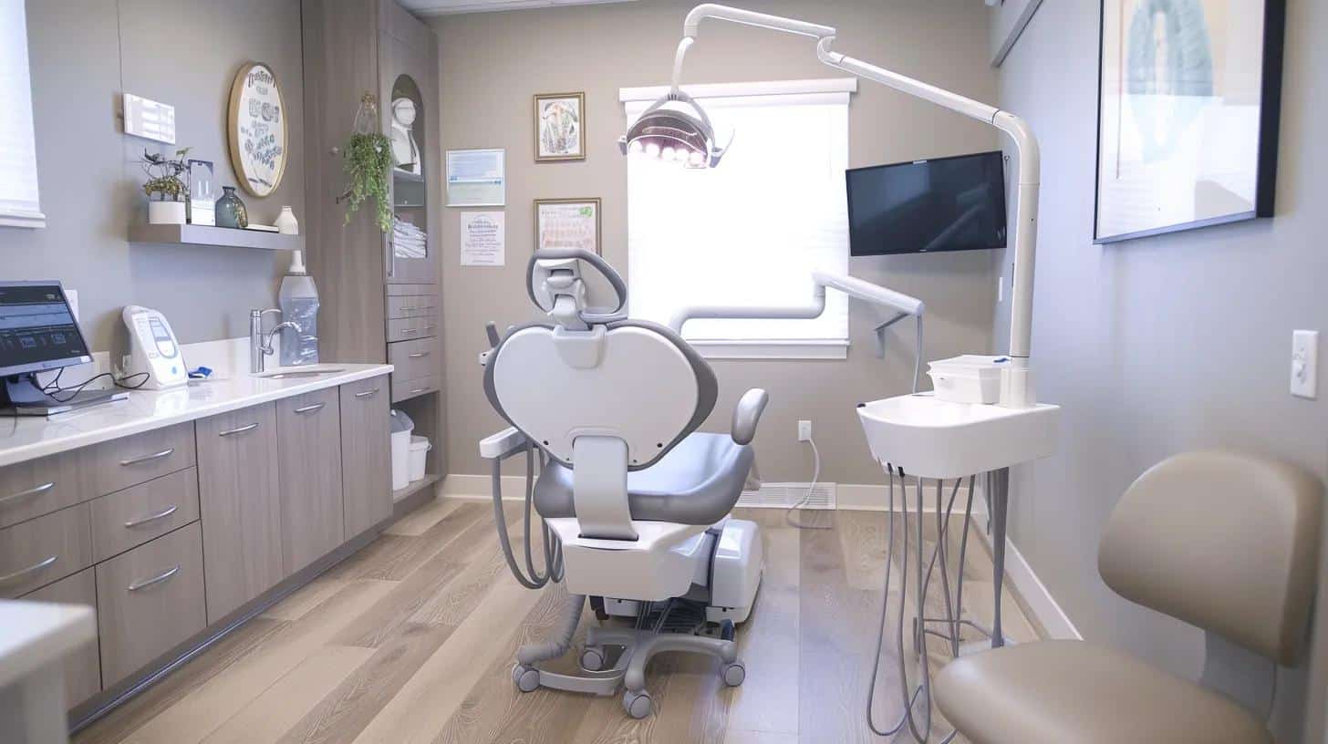 a pristine dental office with a modern, well-equipped examination room showcases a patient receiving professional care for dental implants, emphasizing the importance of routine maintenance in preserving oral health and implant longevity.