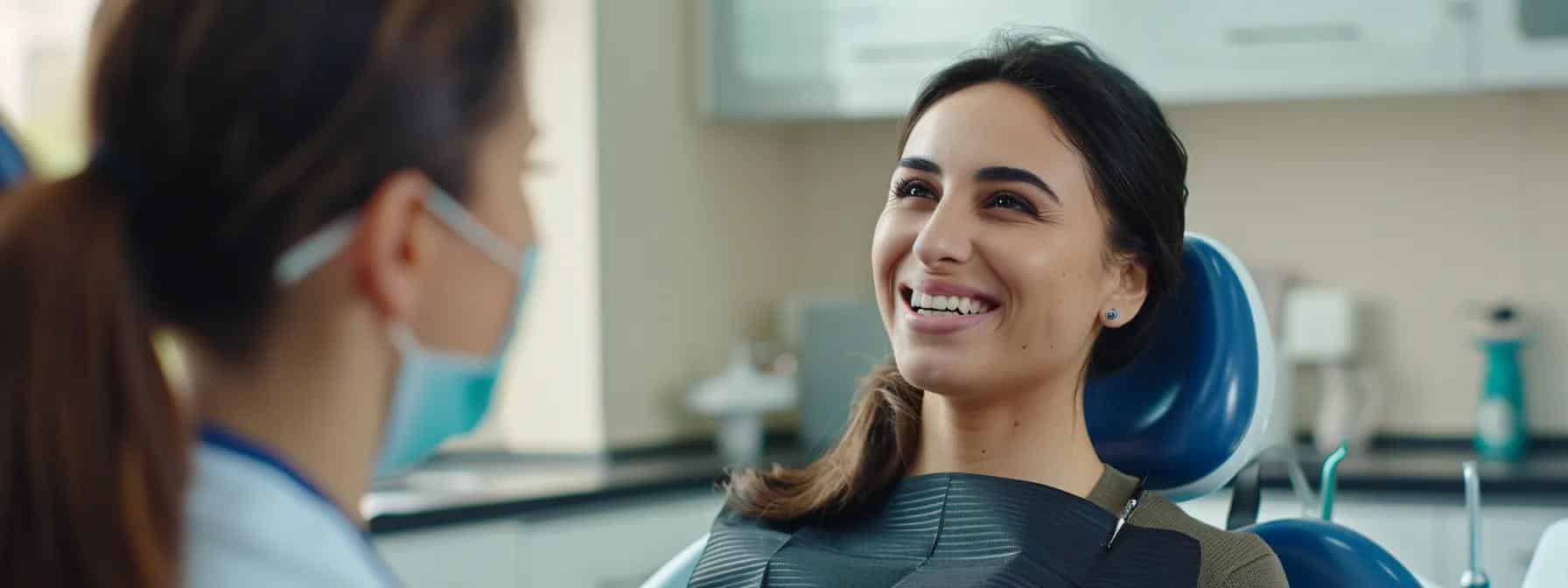 a professional dental clinic showcases a confident patient smiling brightly while seated in a modern dental chair, with an experienced dentist discussing the benefits of implant retained dentures in a well-lit, clean office environment.