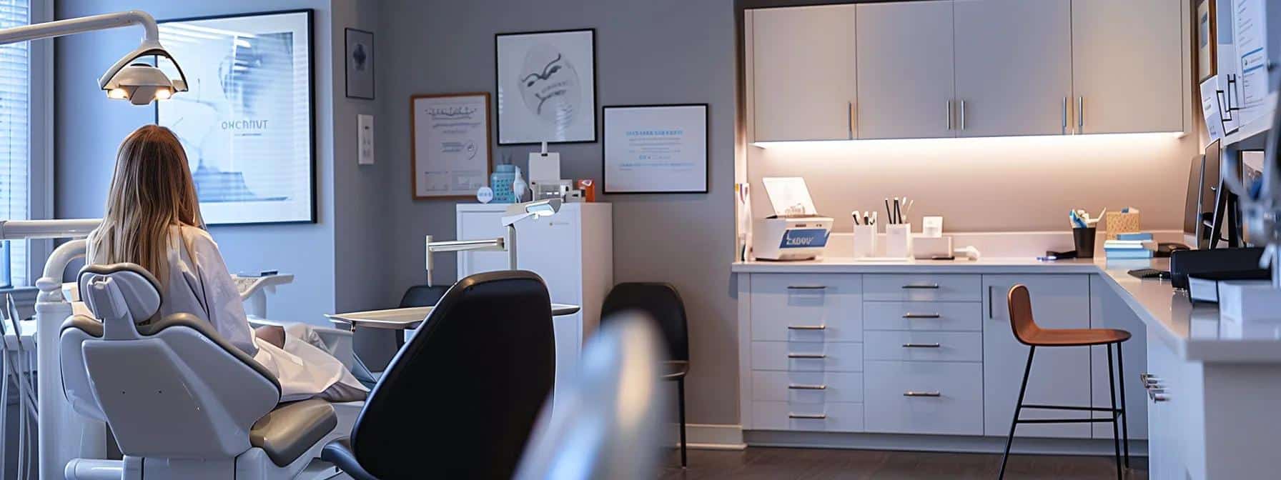 a professional office setting with a concerned individual reviewing various emergency dental insurance brochures, illuminated by focused artificial lighting, conveying a sense of urgency and thoughtful decision-making.