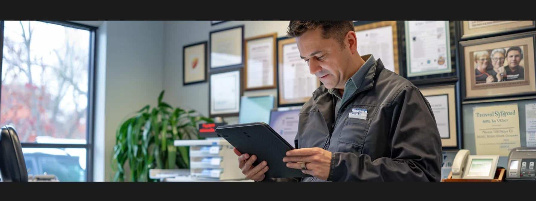 a professional, sleek dental office filled with modern equipment showcases an emergency dentist reviewing credentials on a digital tablet while displaying a wall of framed certifications and positive patient testimonials in the background.